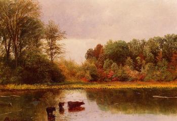 Albert Bierstadt : Cows Watering in a Landscape